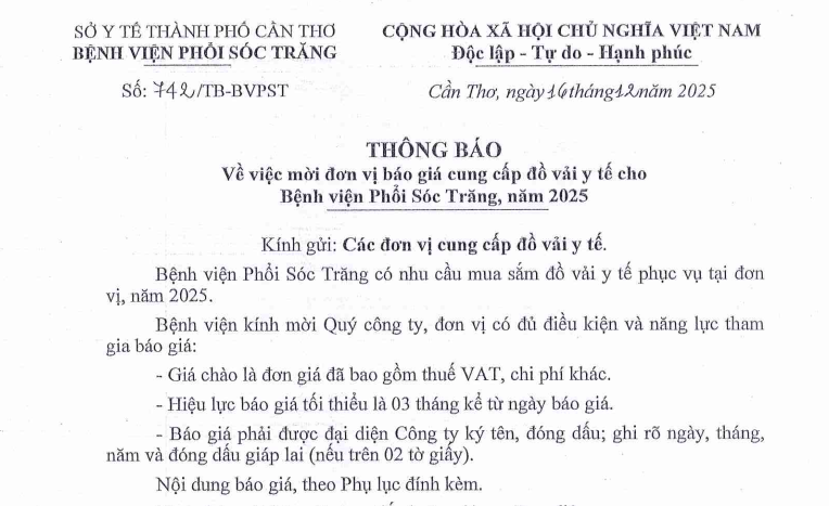 thông báo moi đơn vị báo giá cung cấp đồ vải y tế