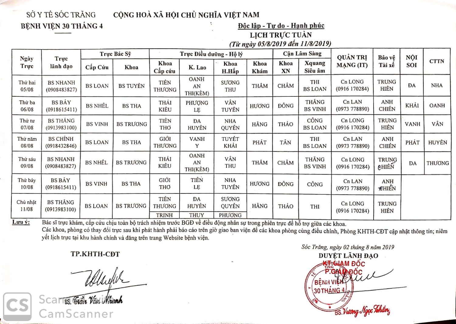 Lịch tuần từ ngày 05/8 đến 11/8/2019
