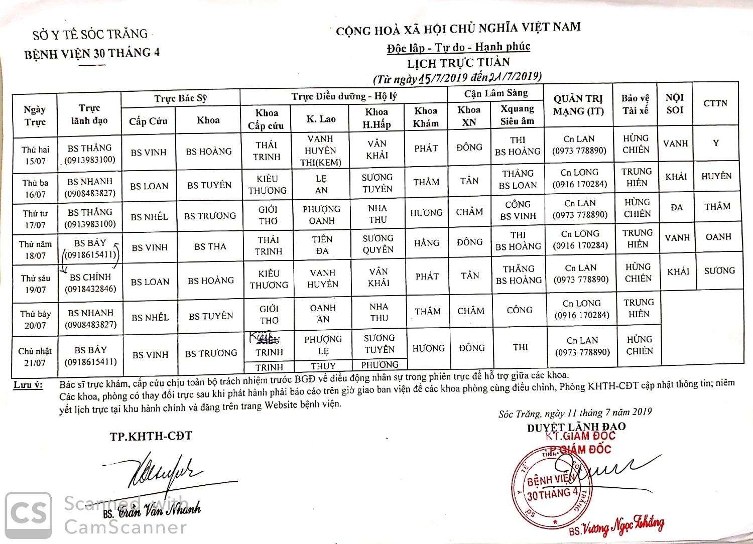 Lịch tuần từ ngày 15/7 đến 21/7/2019