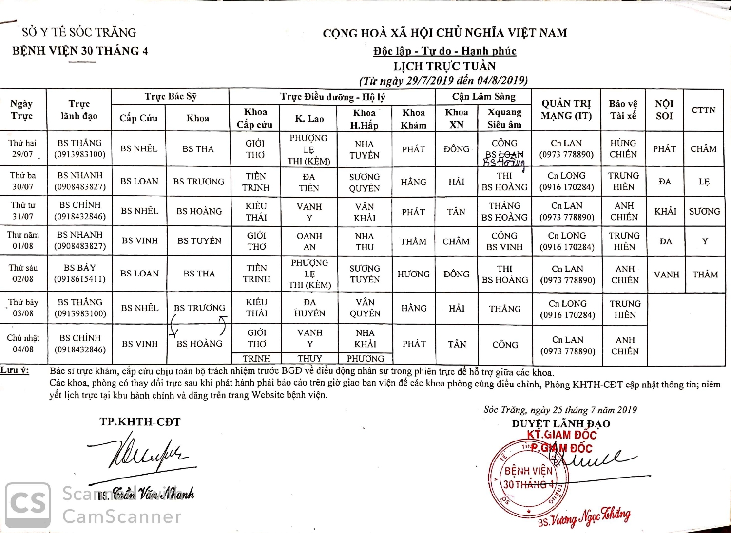 Lịch tuần từ ngày 29/7 đến 04/8/2019